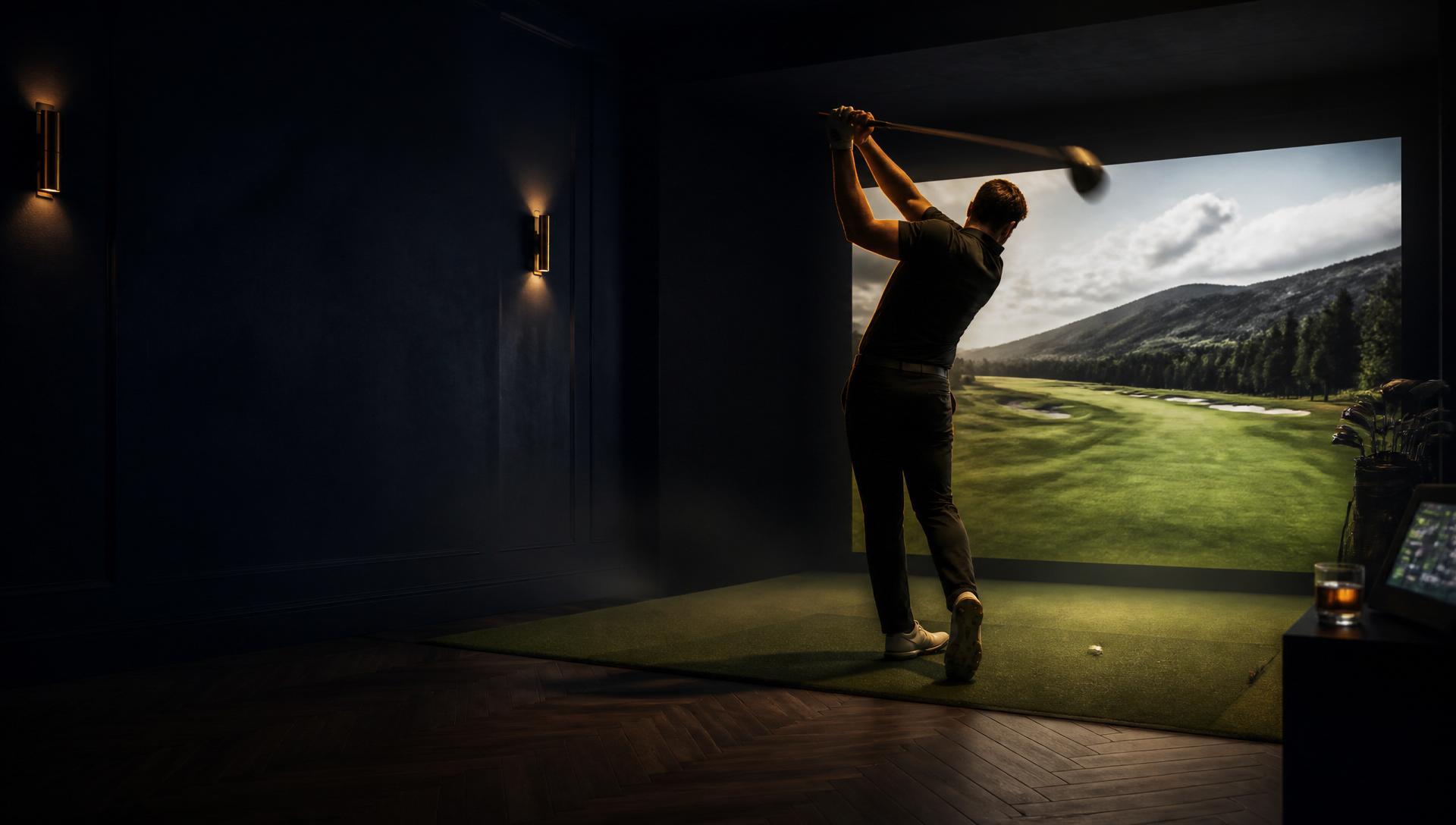 Golfer mid-swing in a Driving Dreams private home golf simulator studio